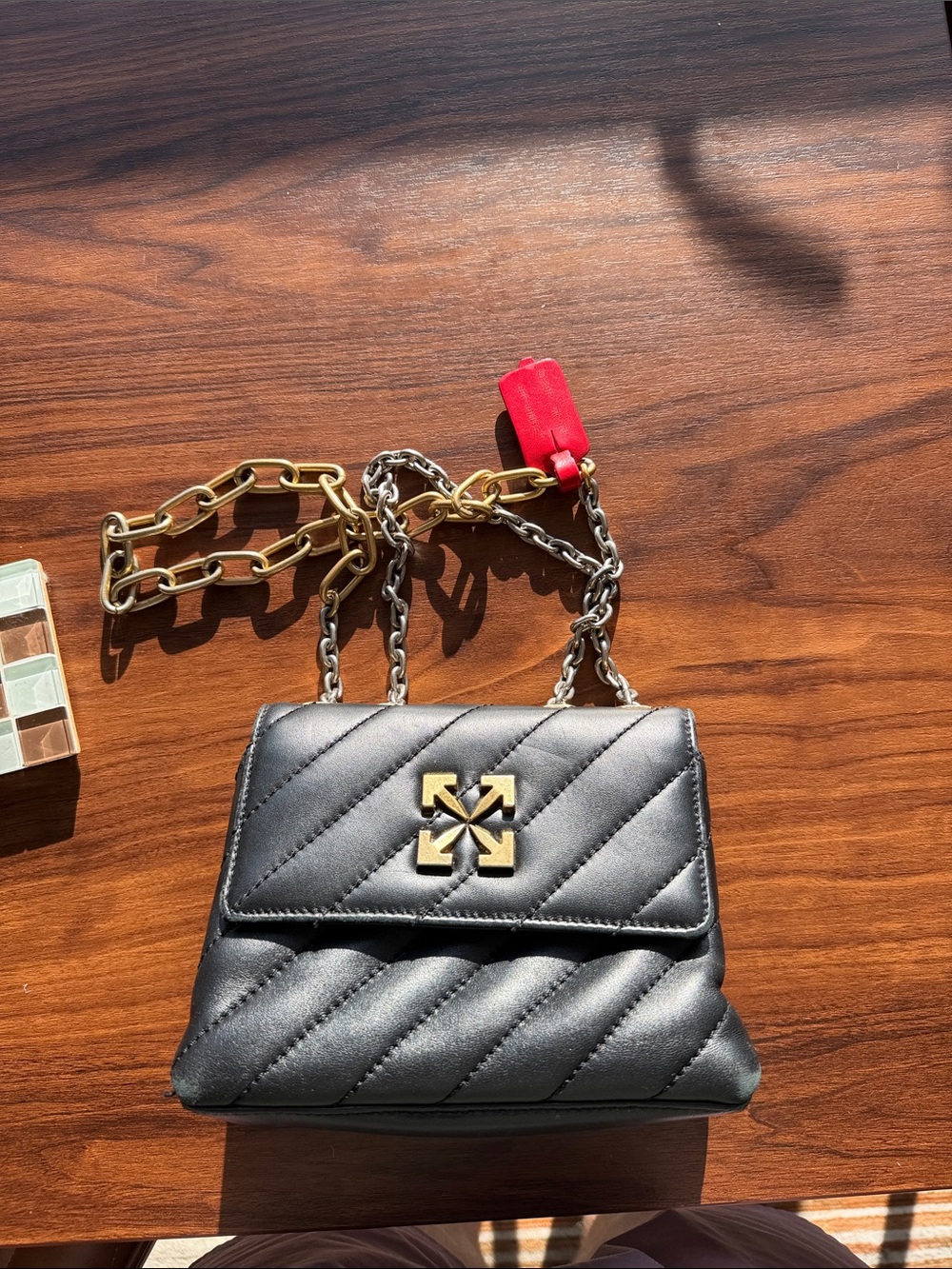 Off-White Black Quilted Leather Shoulder Bag with Mixed Metal Chain